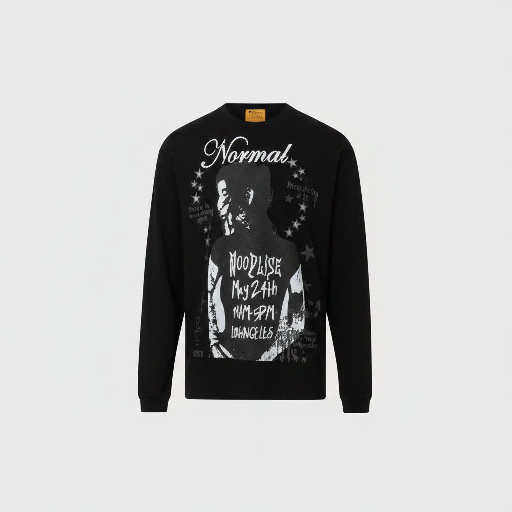 Black poster print long sleeve tee front view