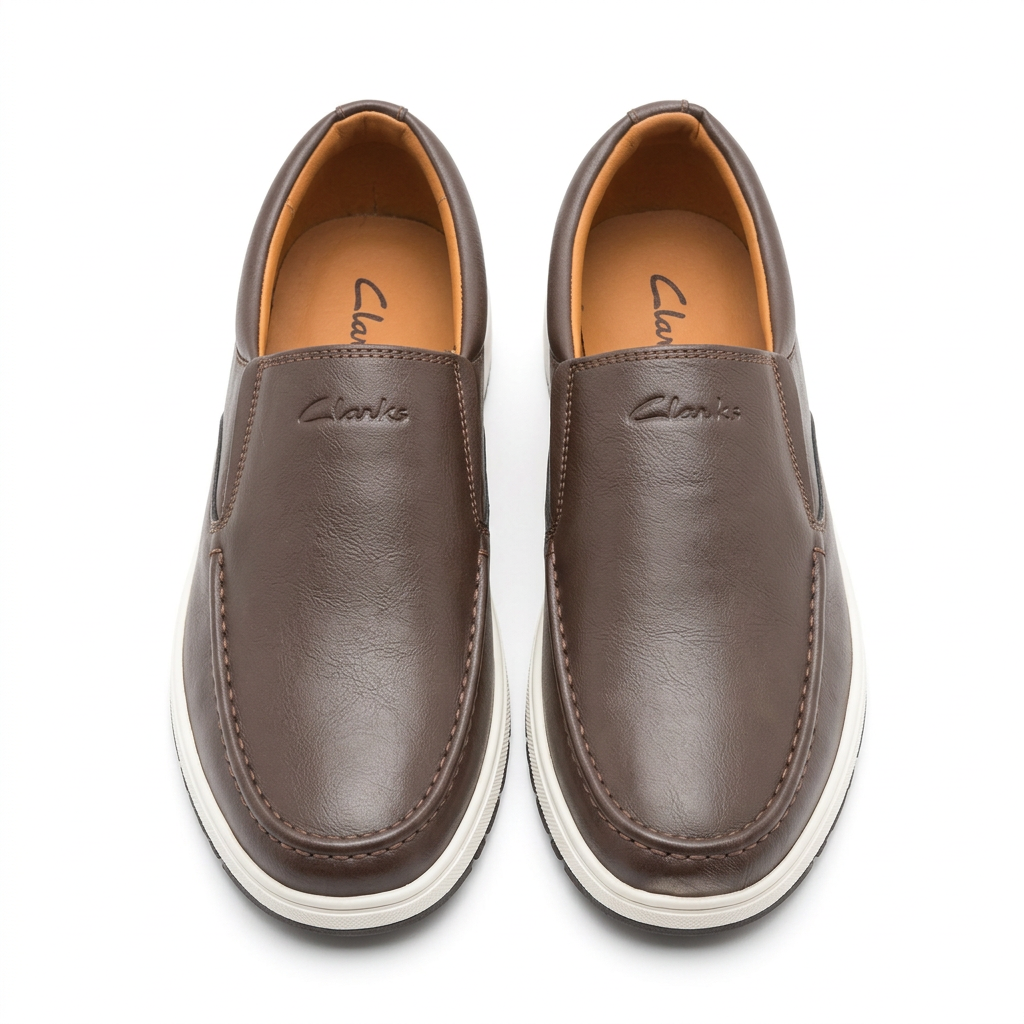 Pair of brown slip-on shoes with stitched apron toes and white soles