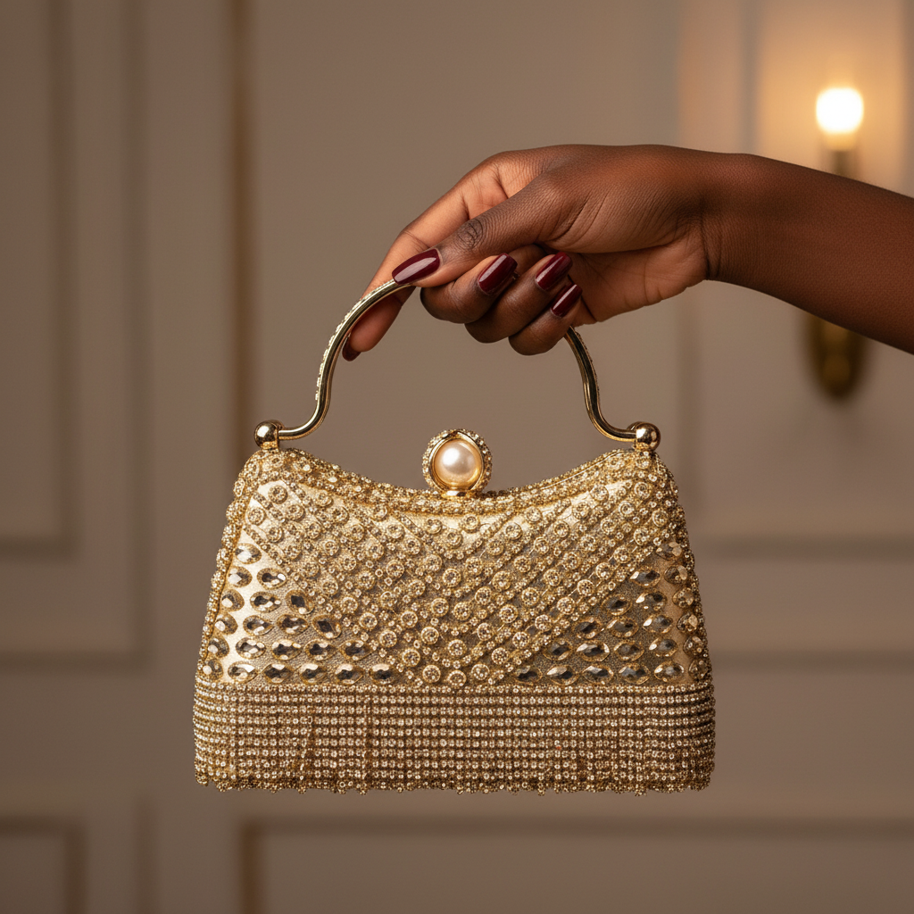 Black Nigerian woman's polished hand holding Enemuo Crystal Ball-Clasp Rhinestone Evening Bag