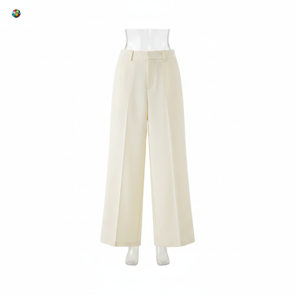 Cream Wide-Leg Tailored Trousers - Ghost Mannequin Front
