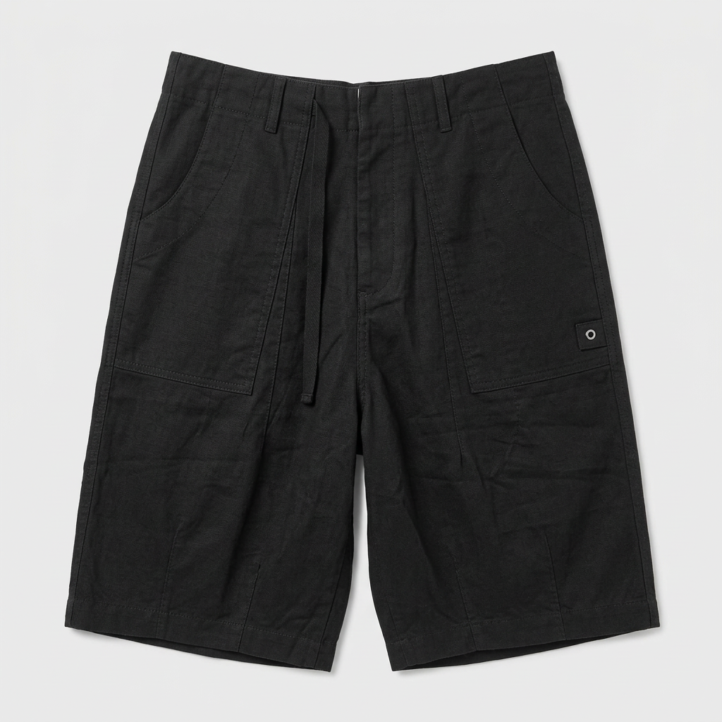 Black relaxed-fit patch-pocket shorts, front catalog view