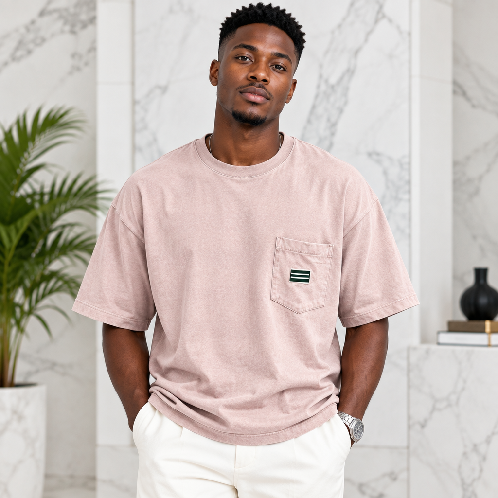 Blush Pink Chest Pocket Tee Dusty Rose – Model Shot
