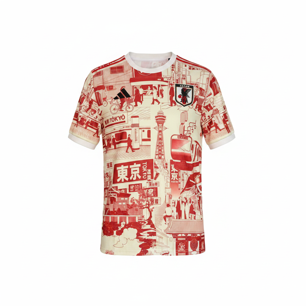 Cream red cityscape graphic football jersey ghost mannequin front view