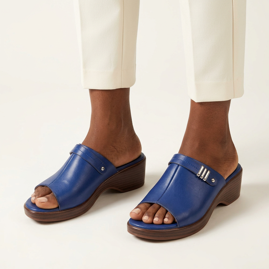 Female model wearing blue silver-accent heeled slides with ivory trousers, both feet visible on an off-white background