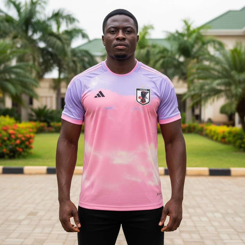 Nigerian male model wearing lavender and pink sunset gradient football jersey front view