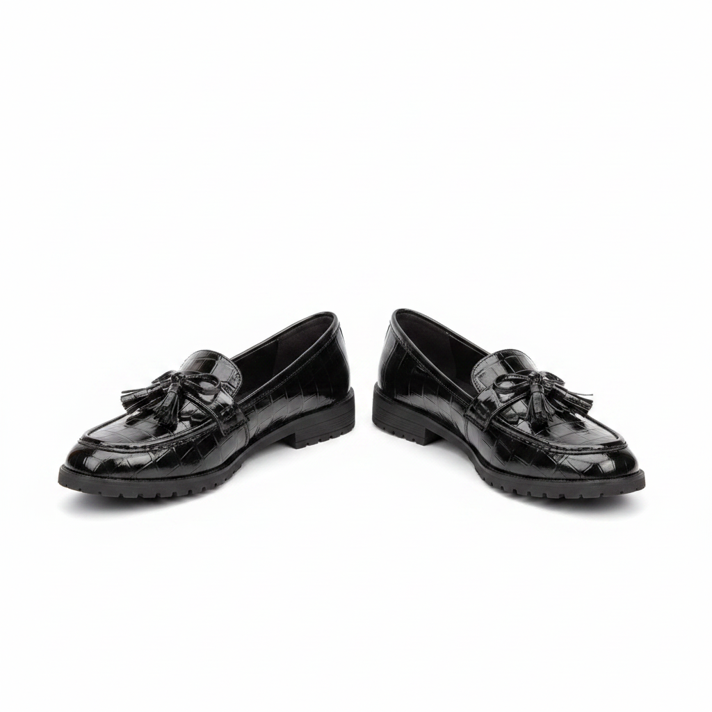 Layinka Store Black Croc Patent Tassel-Bow Loafers – Catalog Shot