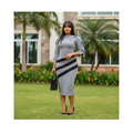 Women's Grey & Black Stripe Bodycon Midi Dress – Nigerian Female Model Shot