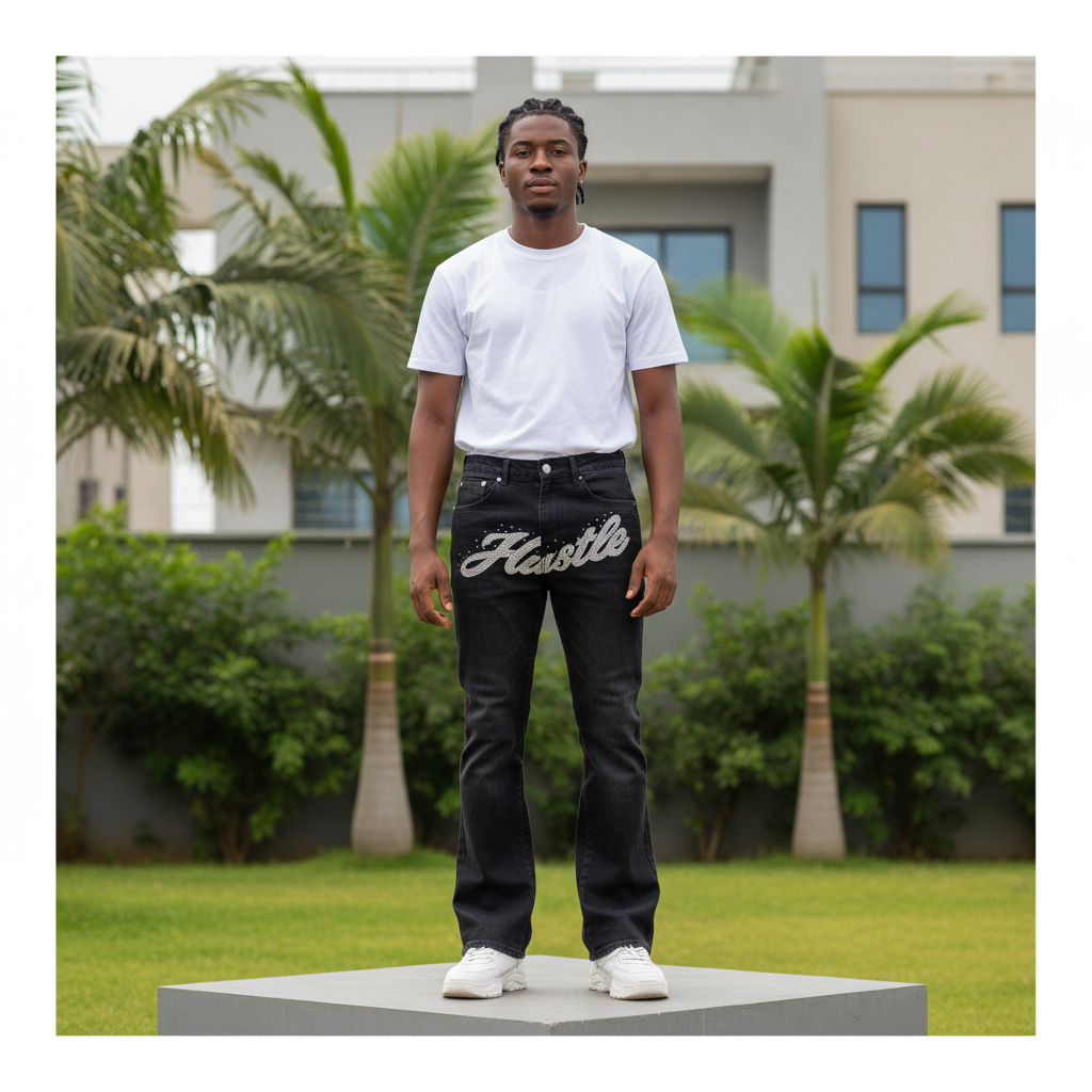 Nigerian male model full body wearing men's black rhinestone script flared denim jeans