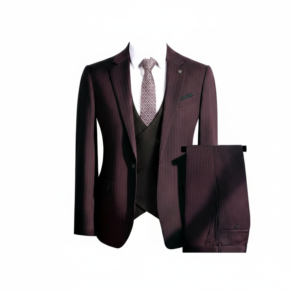 Burgundy pinstripe 3-piece suit ghost mannequin view