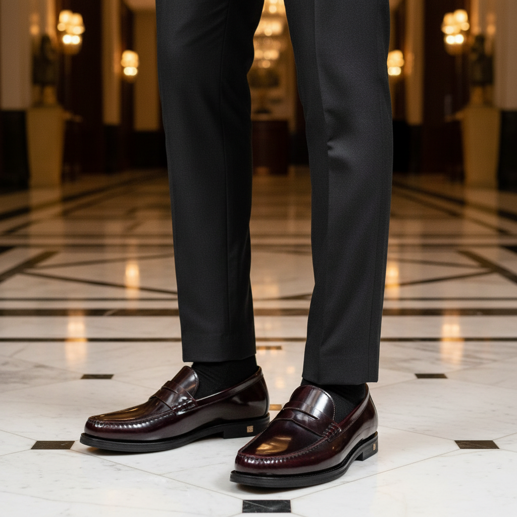 Nigerian male model wearing burgundy oxblood patent leather moccasin penny loafers, tight zoomed-in luxury leg focus lifestyle shot