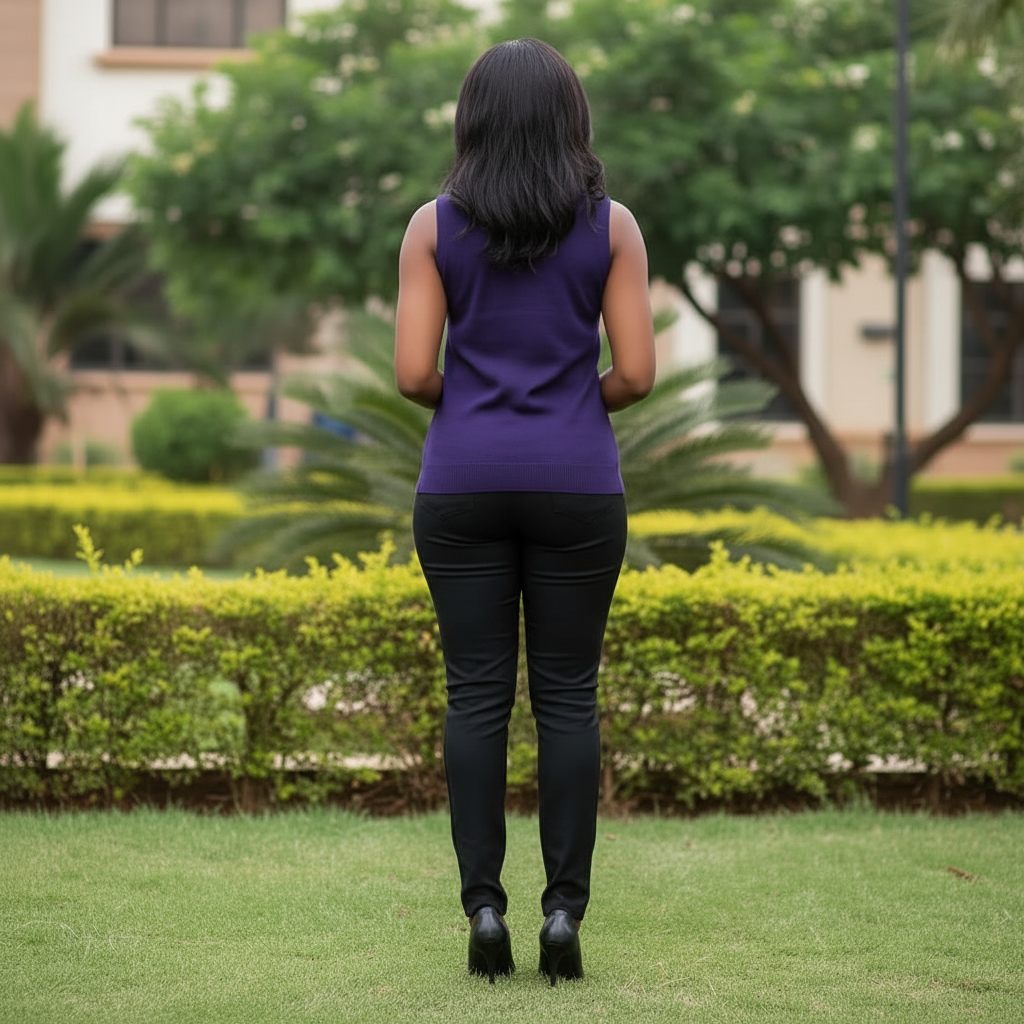 Nigerian female model wearing purple heart rhinestone sleeveless top - back view