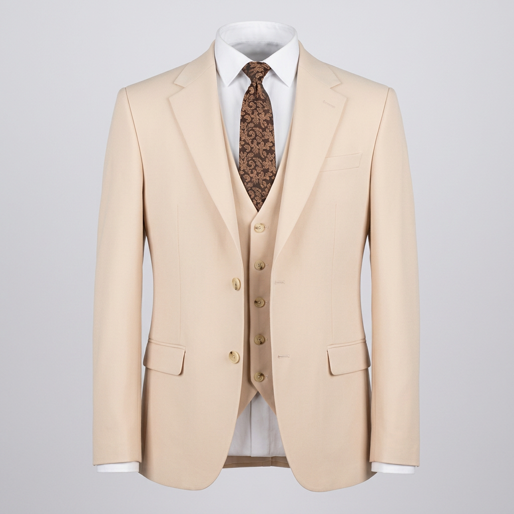 AI-generated ghost mannequin styling preview of light beige suit jacket and waistcoat