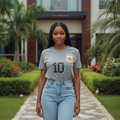 Women's grey marl gold crest number 10 graphic crew neck tee - model shot