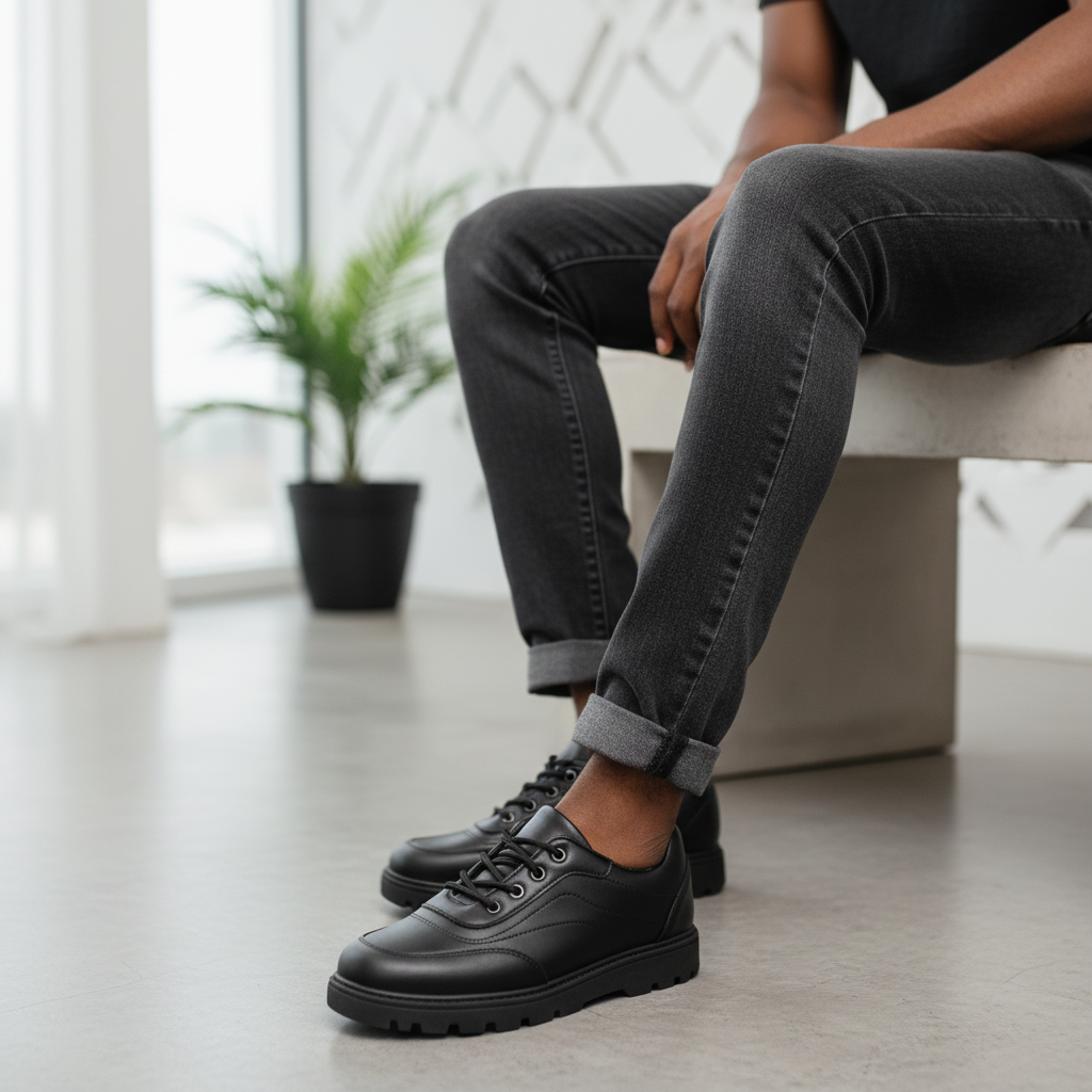 Triple Black Leather Lace-Up Sneaker - Model Shot