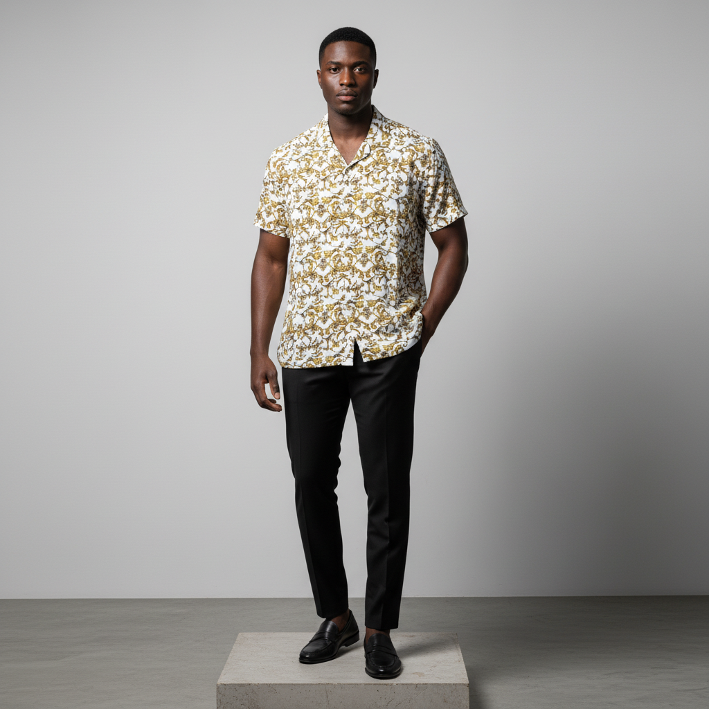 Nigerian male model wearing white gold baroque print short-sleeved shirt, front view