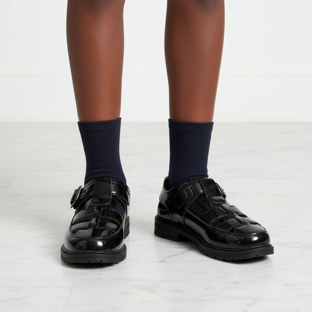 Layinka Teens Patent Cage School Sandal – Model Shot