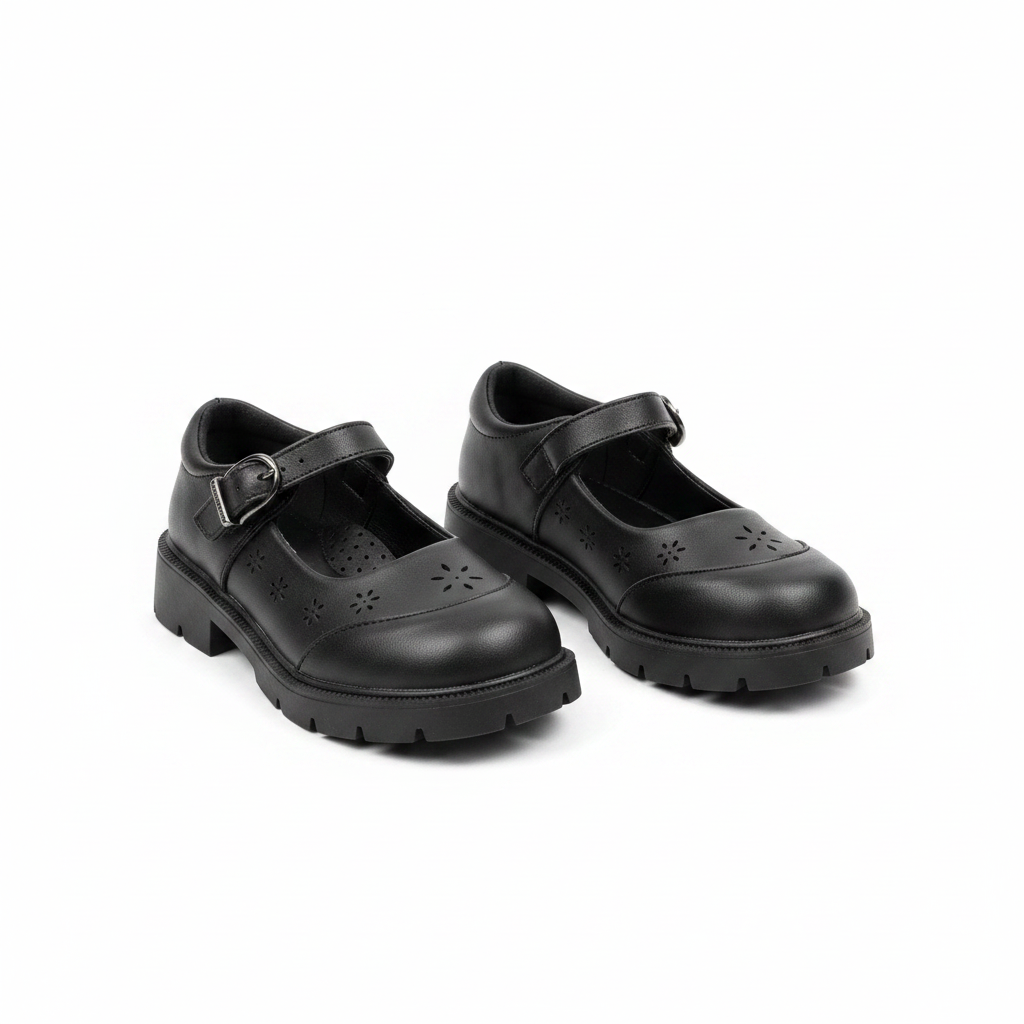 Girls' black buckle strap Mary Jane school shoes ghost mannequin view