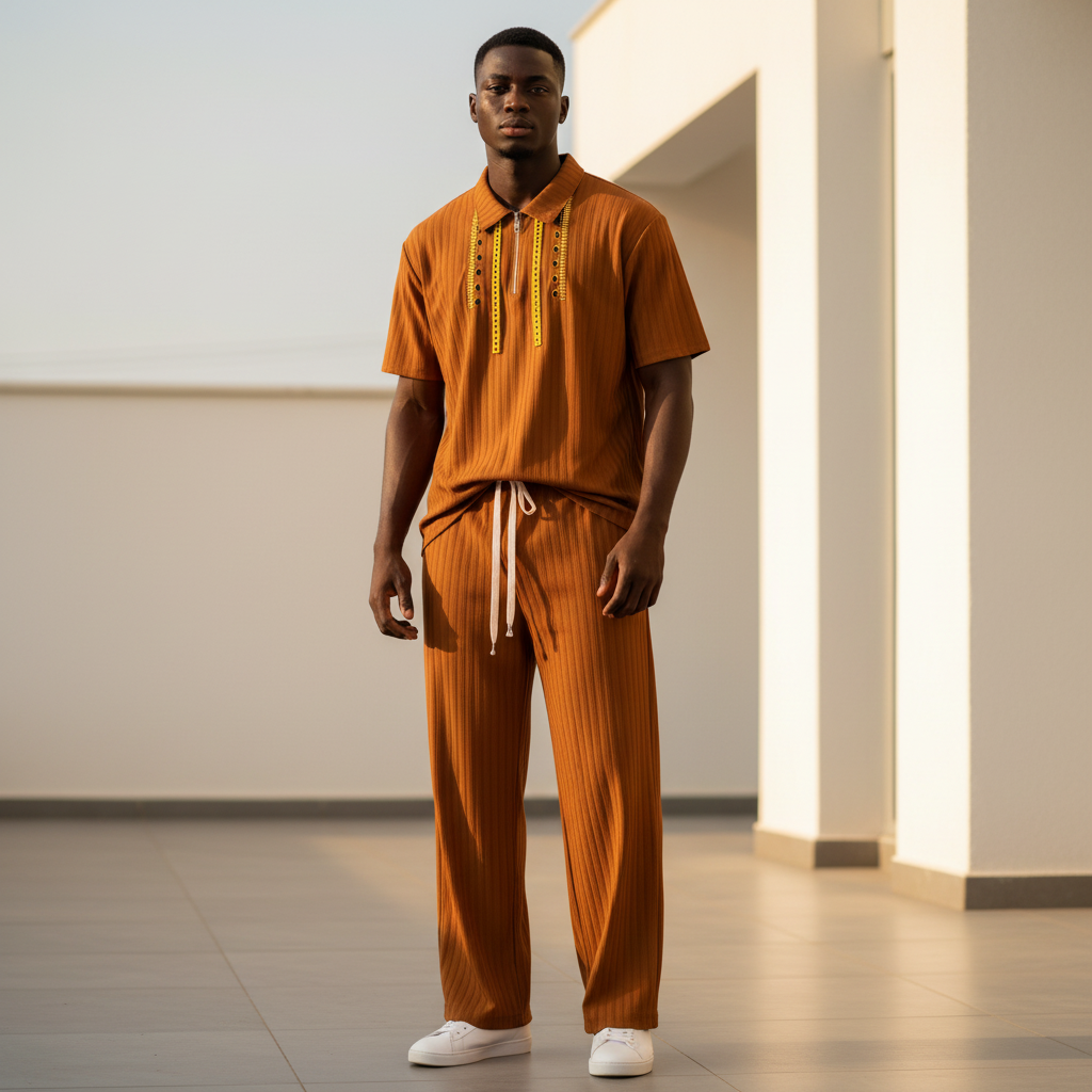 Male model wearing cognac gold tassel ribbed polo and trouser two-piece set