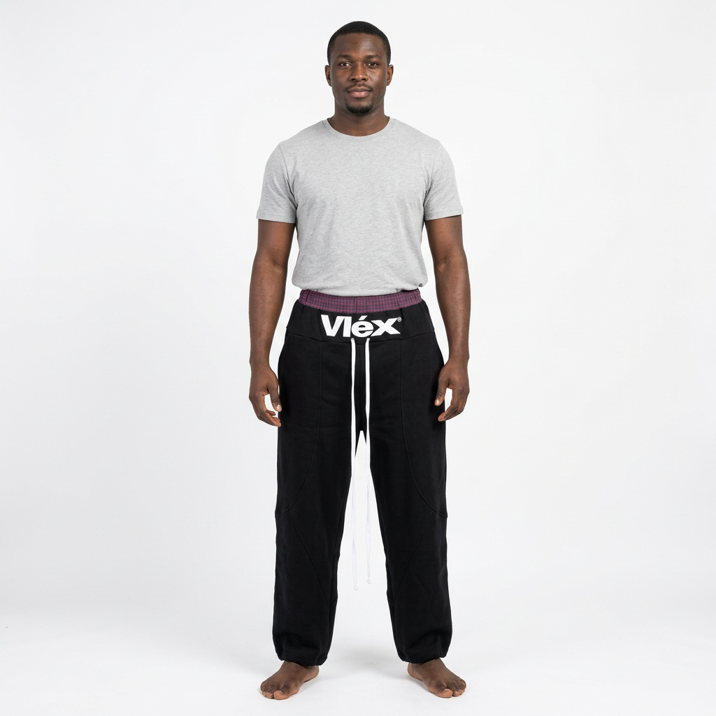 Adult Black model wearing black joggers with burgundy waistband, generated preview
