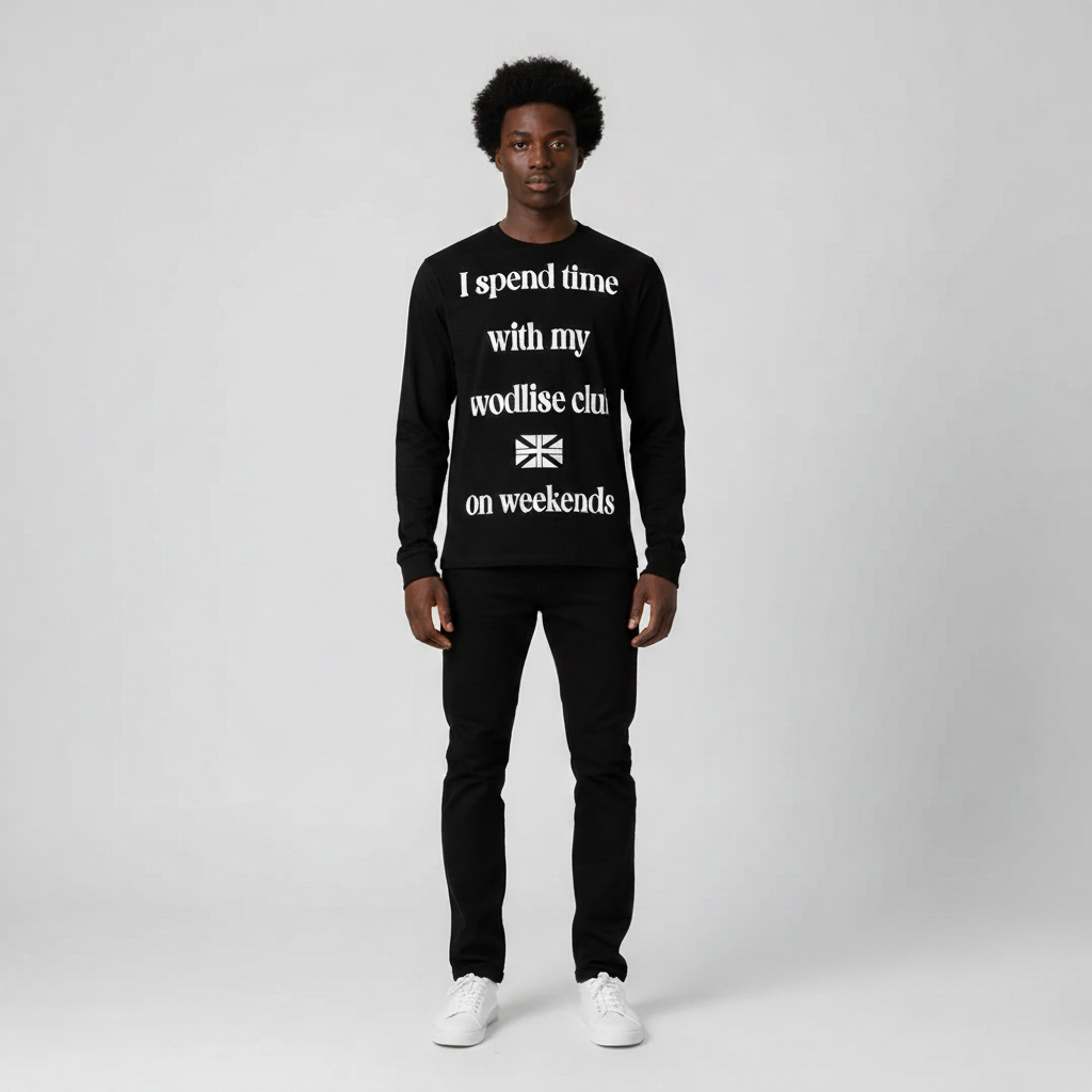 Man wearing the black slogan print long sleeve tee