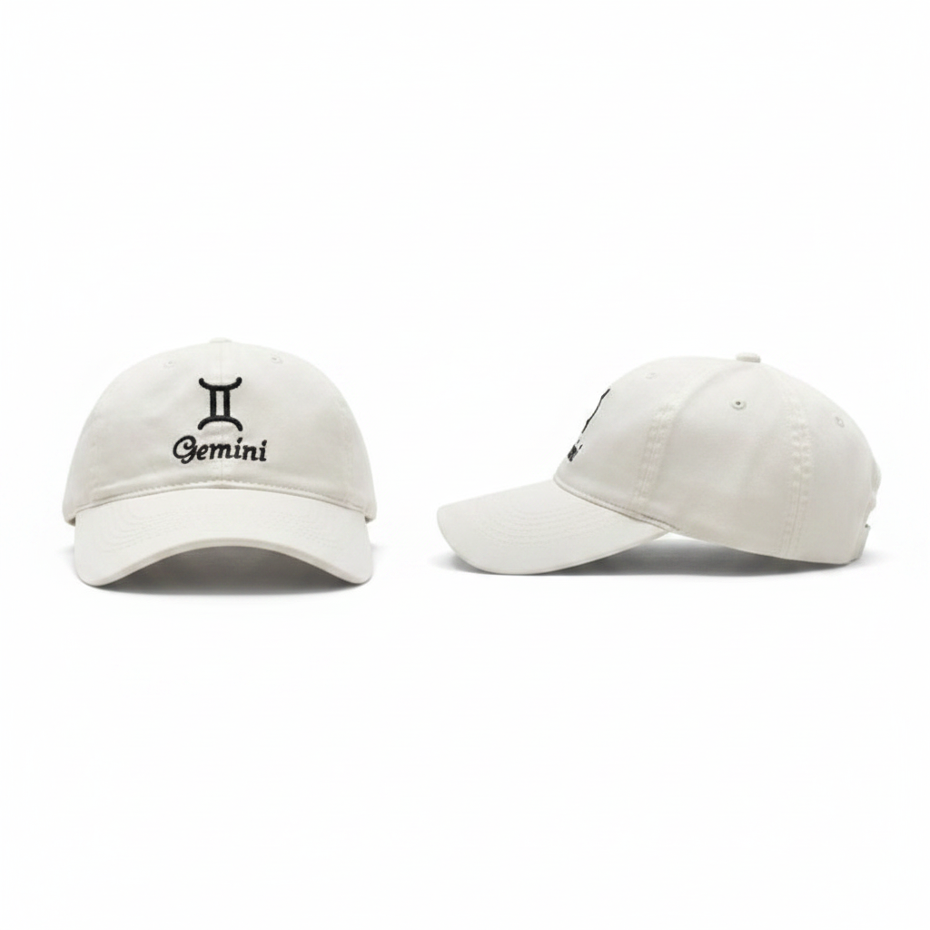 White Gemini zodiac embroidered dad cap – ghost mannequin front and side view