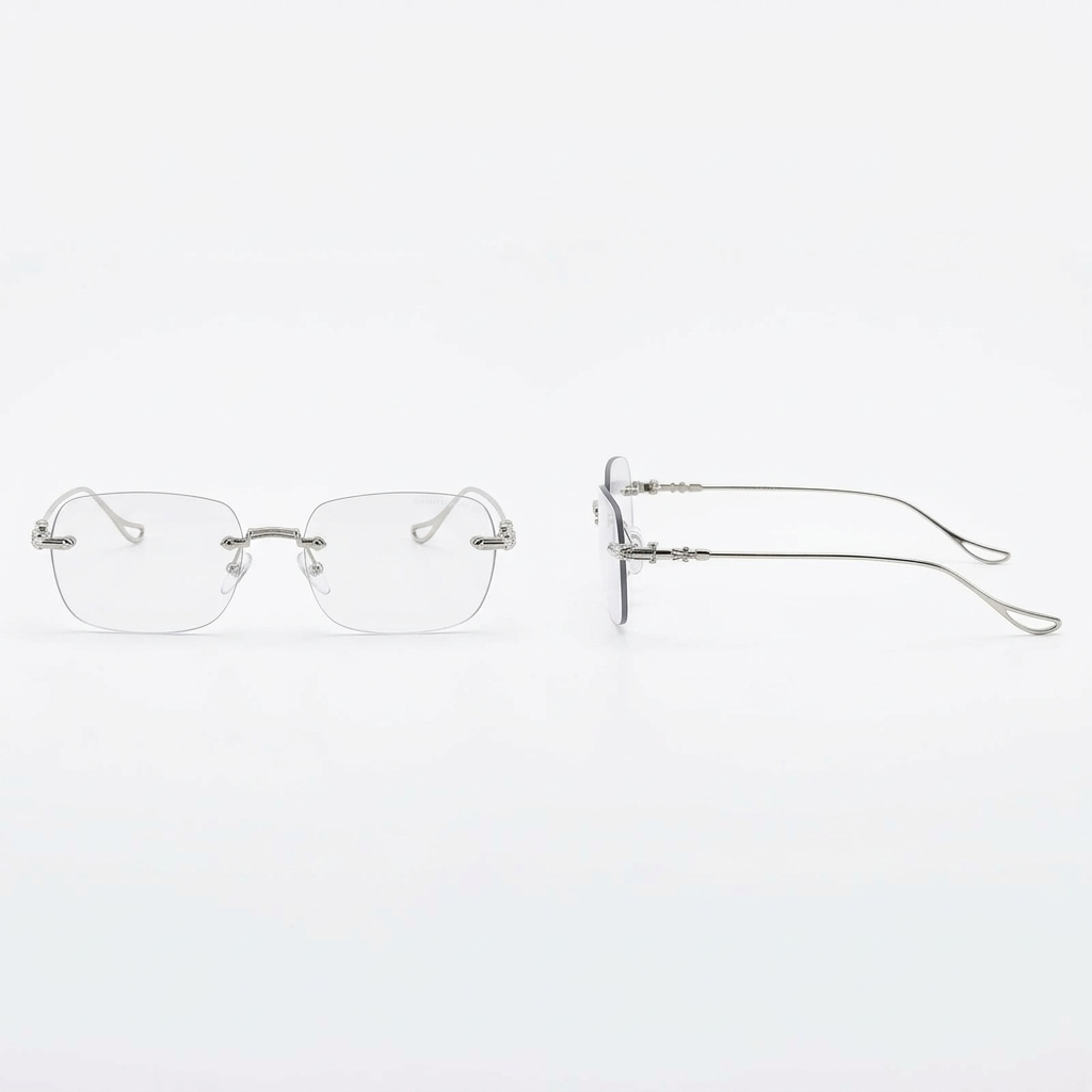 Front and side views of silver-tone rimless eyeglasses