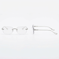 Front and side views of silver-tone rimless eyeglasses