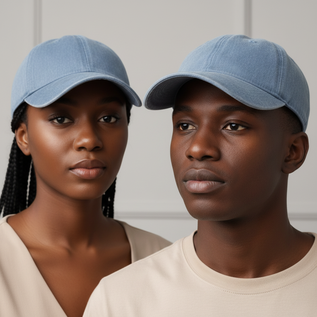 Nigerian male and female models wearing faded light blue washed denim dad cap
