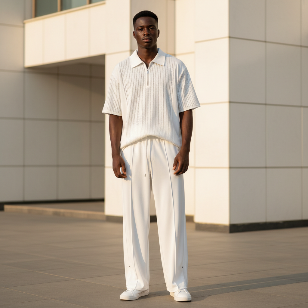 Male model wearing white ribbed polo and trouser two-piece set