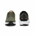 Men's olive green mesh running sneakers ghost mannequin front and side view
