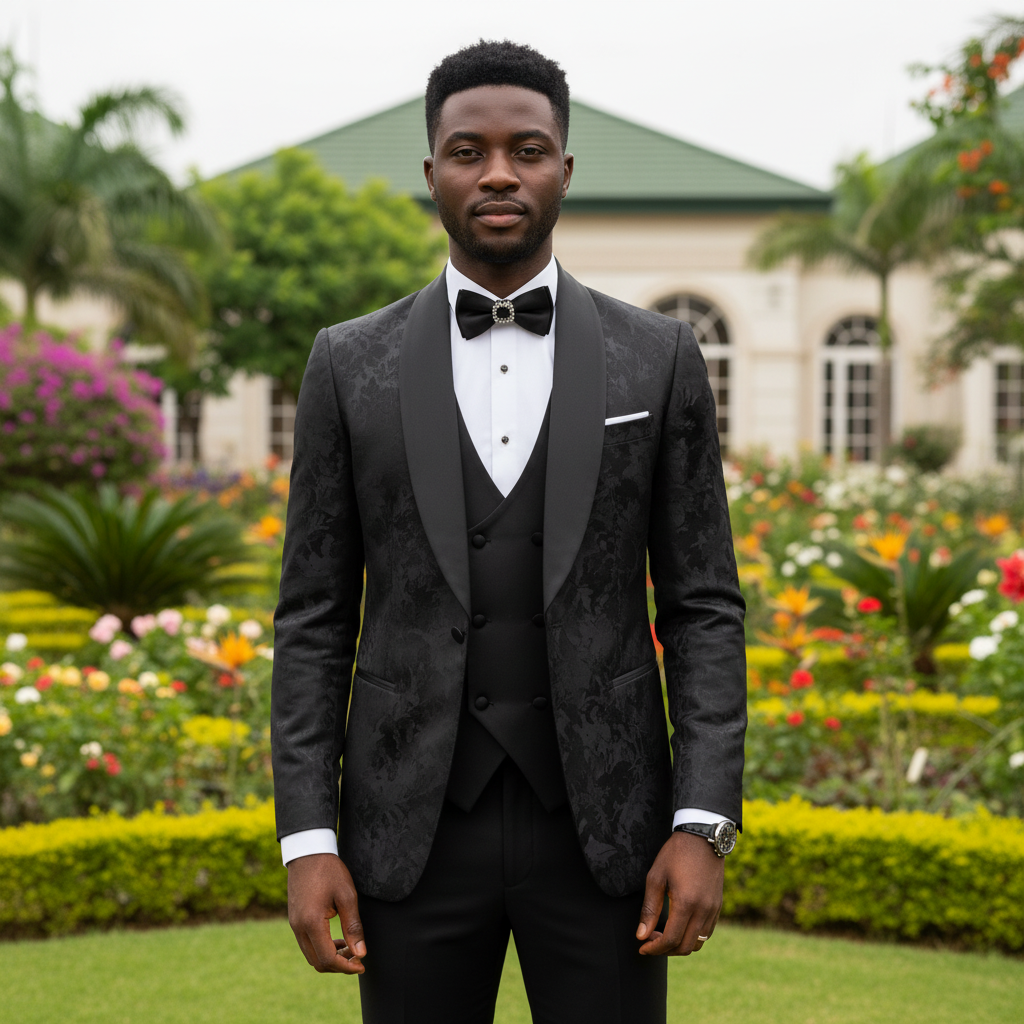 Nigerian male model wearing black floral jacquard tuxedo three-piece suit