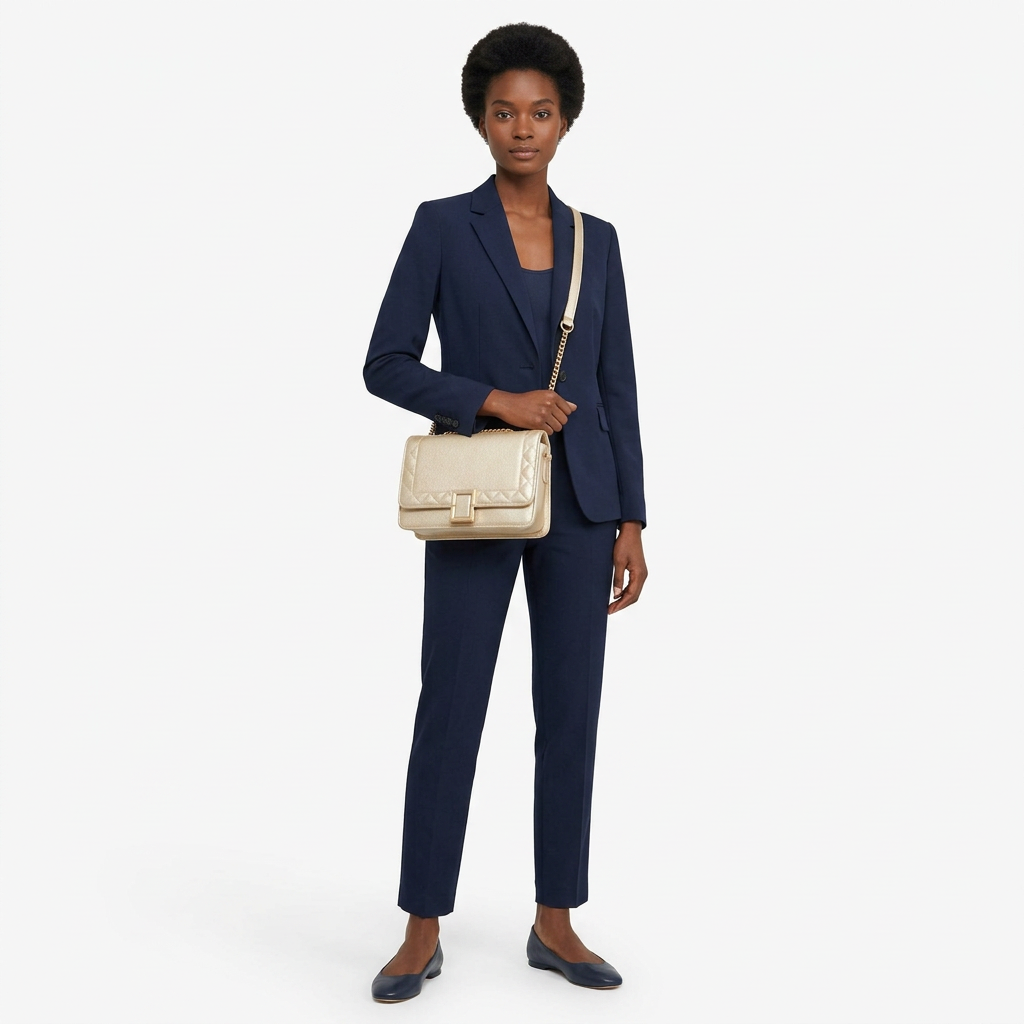 Woman in navy tailoring carrying champagne gold flap shoulder bag