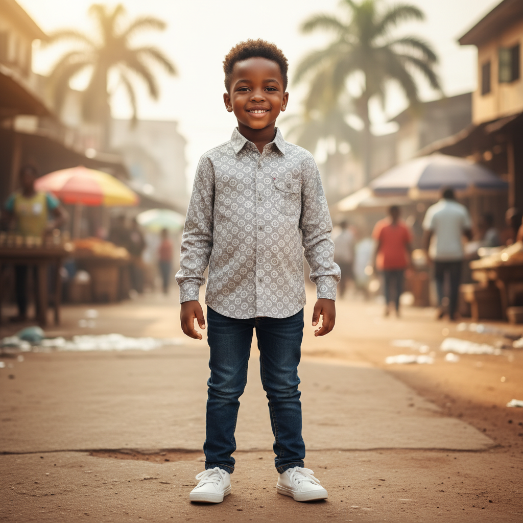 Young Nigerian boy wearing grey diamond circle print long sleeve shirt