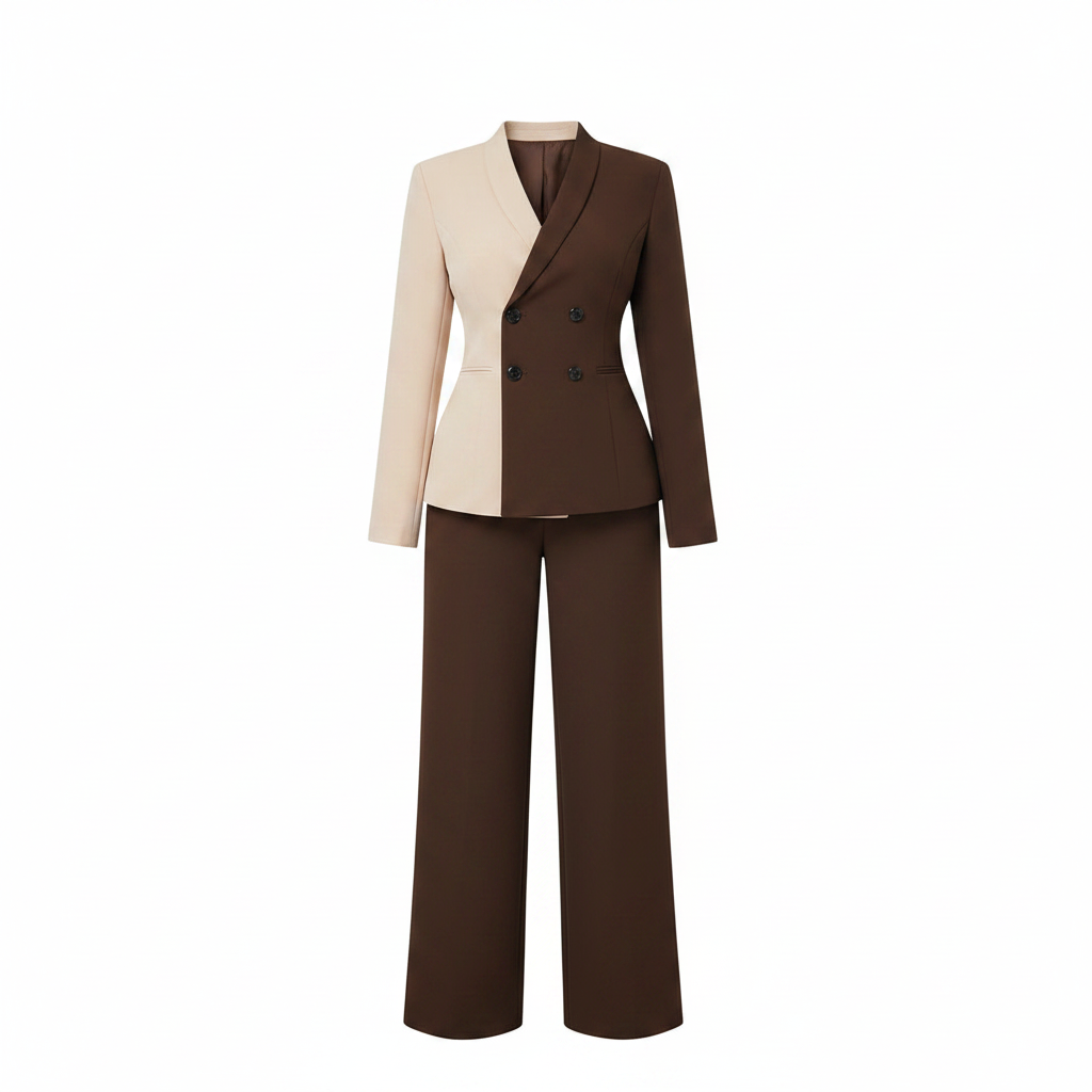 Two-tone cream and brown double-breasted blazer suit set, ghost mannequin view