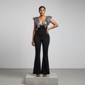 Black Silver Sequin Ruffle Deep V Jumpsuit - Model Shot