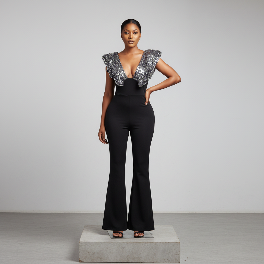 Black Silver Sequin Ruffle Deep V Jumpsuit - Model Shot