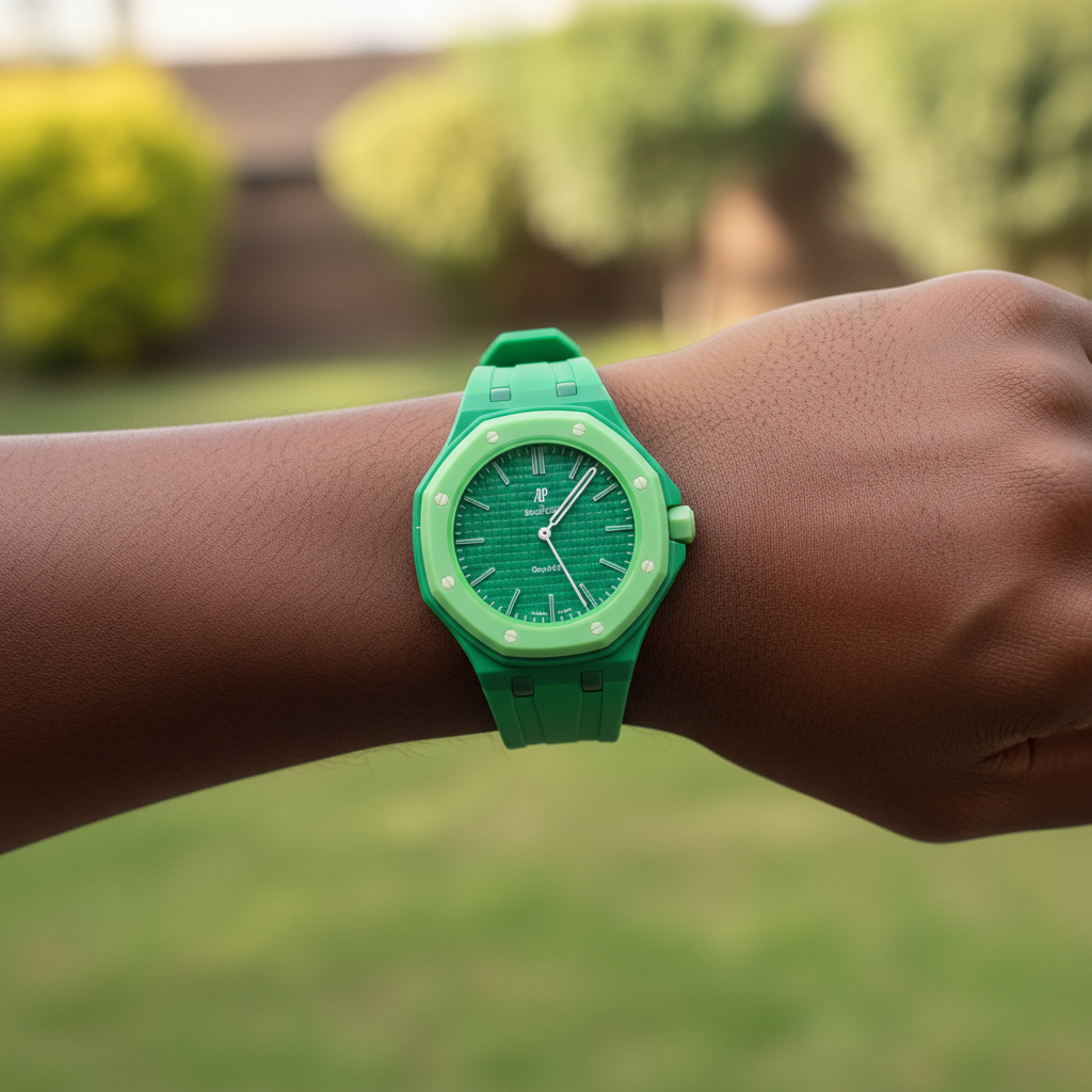 Nigerian model wearing unisex bright green monochrome octagonal pop watch with solid waffle dial on wrist