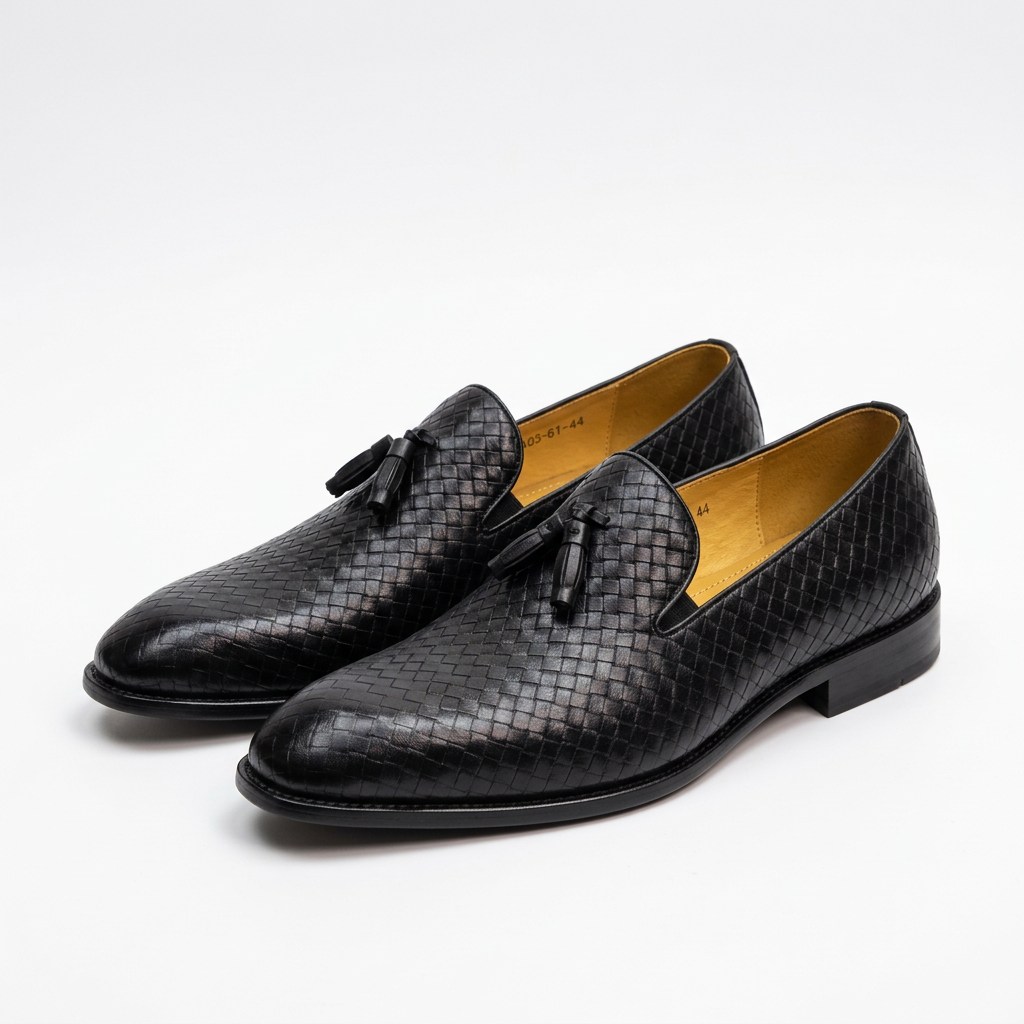 Pair of black basketweave-textured tassel loafers on white