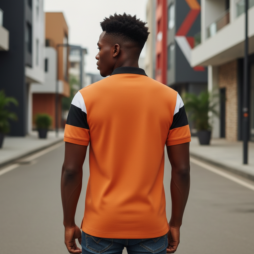 Young Nigerian male model wearing orange colour block polo shirt, back view, Nigerian urban background
