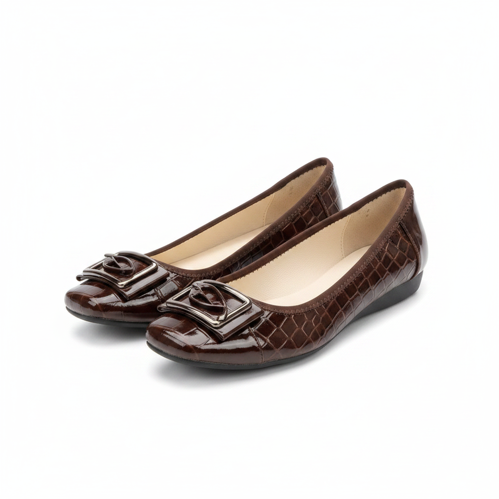 Women's dark brown croc-embossed flat pumps – ghost mannequin pair