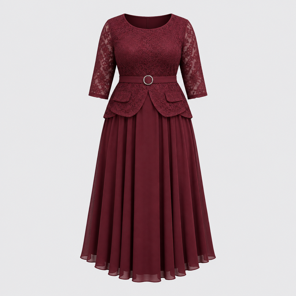 Burgundy lace peplum top and pleated midi skirt outfit