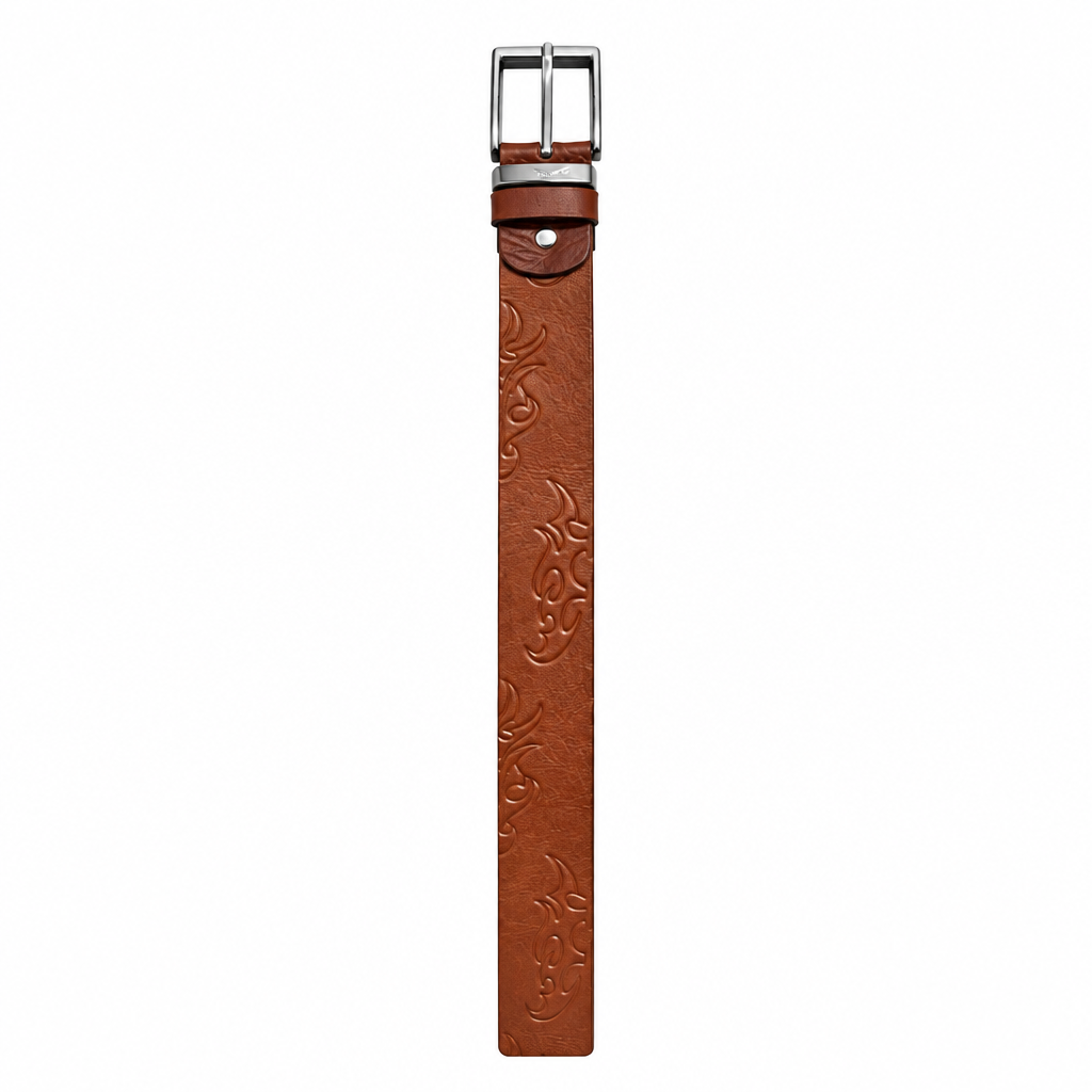 Cognac-brown embossed leather belt with silver buckle on white