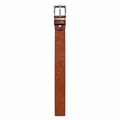 Cognac-brown embossed leather belt with silver buckle on white