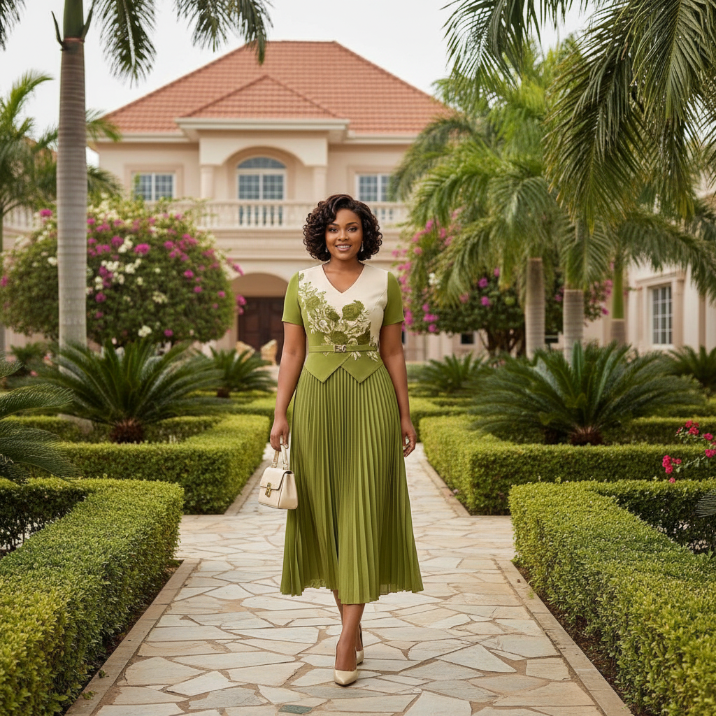 Nigerian female model wearing olive green and cream pleated midi gown in upscale garden setting