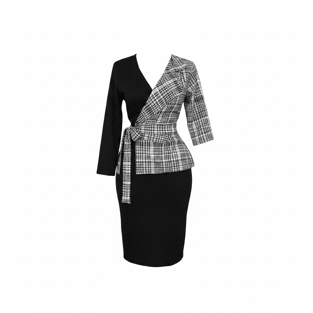 Women's Black & White Plaid Wrap Blazer & Black Midi Skirt Co-ord Set - Ghost Mannequin