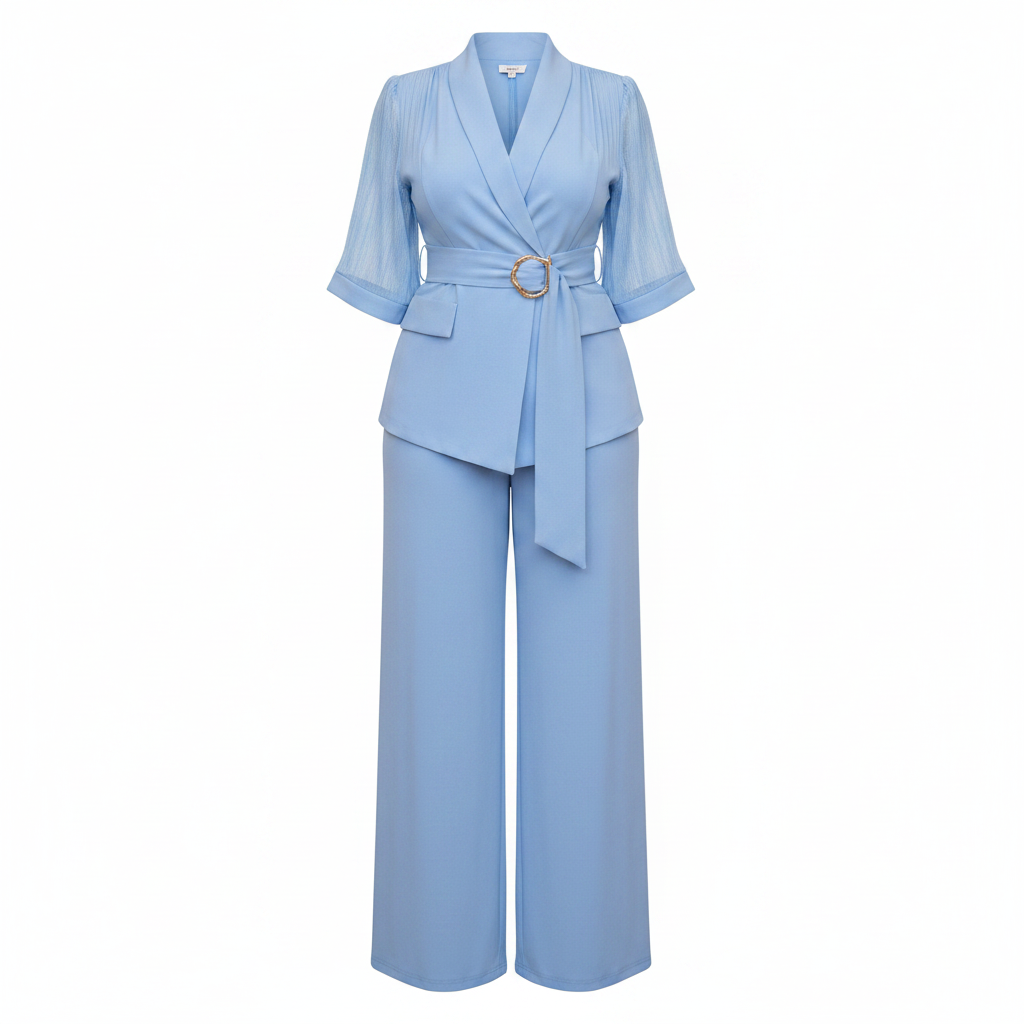 Women's 3/4-sleeve wrap-front belted wide-leg jumpsuit in sky blue – ghost mannequin front view