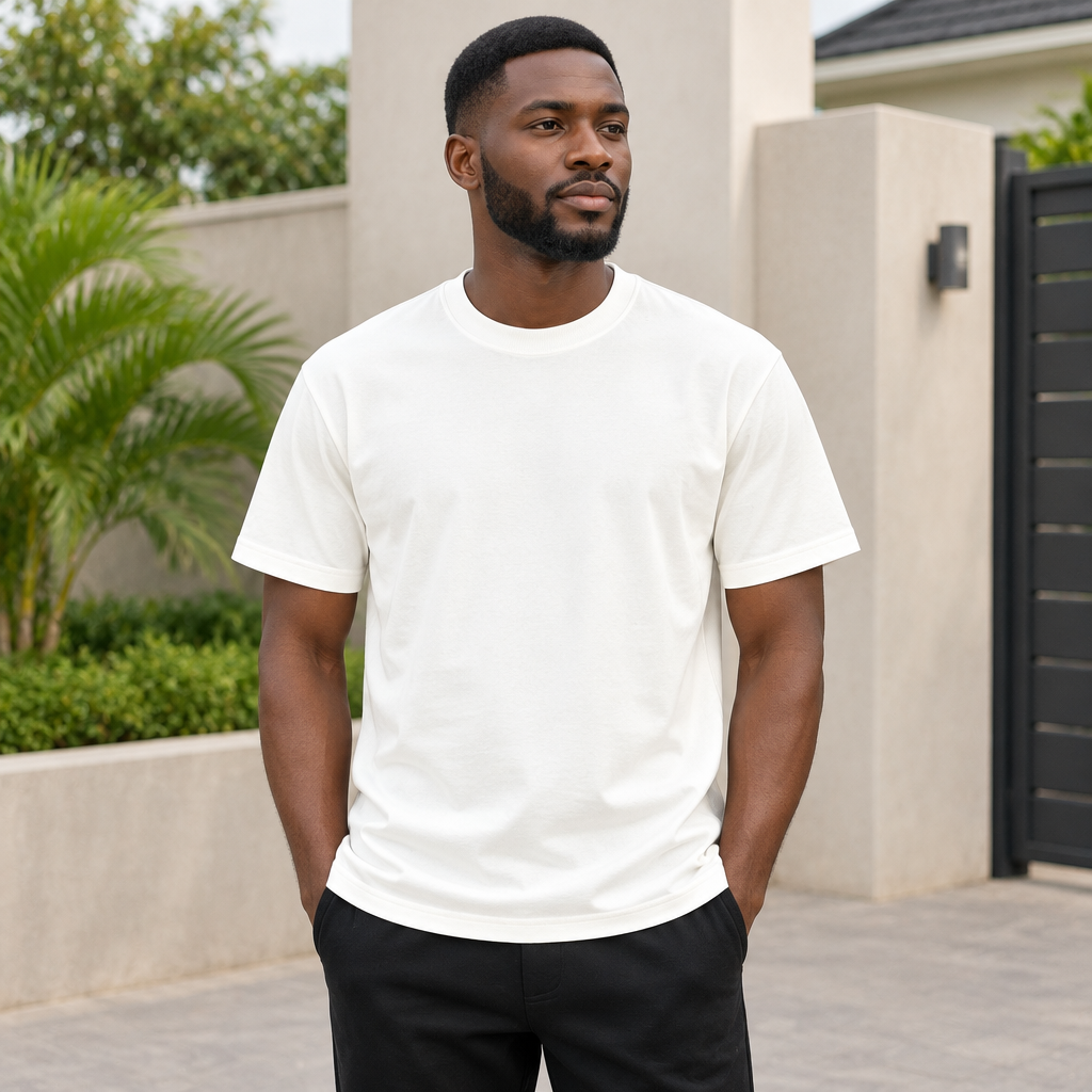 Black Nigerian adult model wearing an off-white basic T-shirt