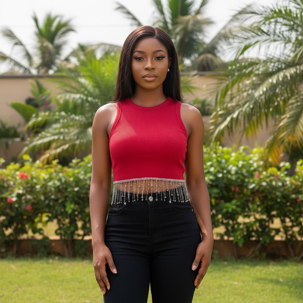 Women's crimson red ribbed sleeveless crop top with crystal chain fringe hem - model shot