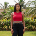 Women's crimson red ribbed sleeveless crop top with crystal chain fringe hem - model shot