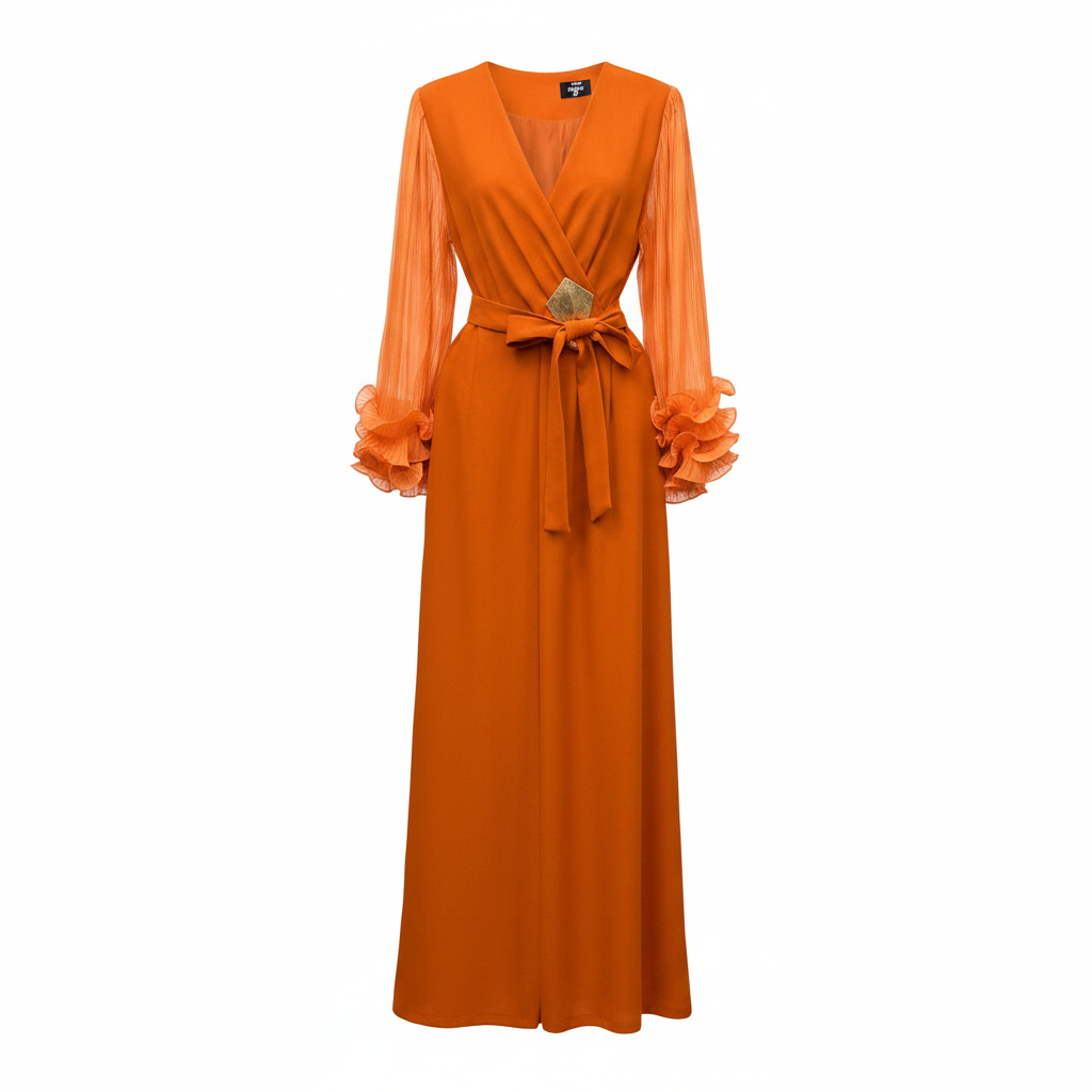 Women's long-sleeve ruffle-cuff wrap maxi dress in orange – ghost mannequin front view